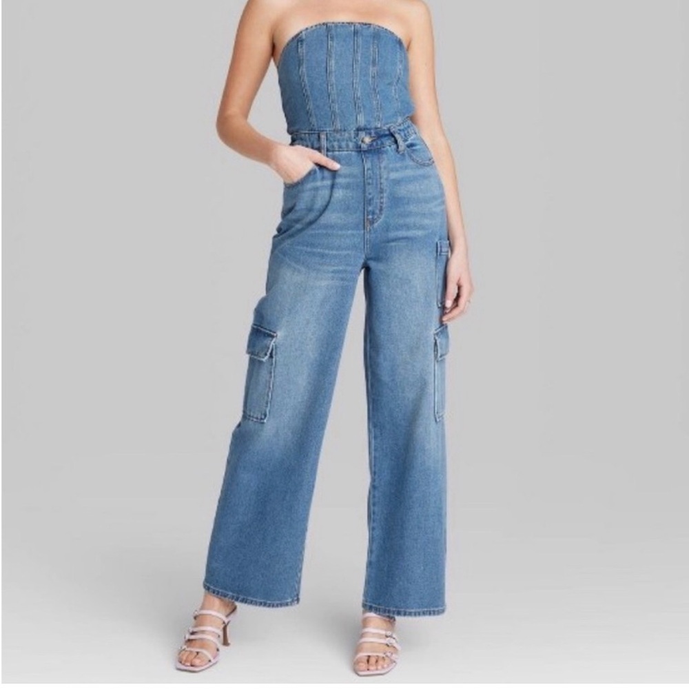 Wild Fable Denim Strapless Cargo Pant Jumpsuit